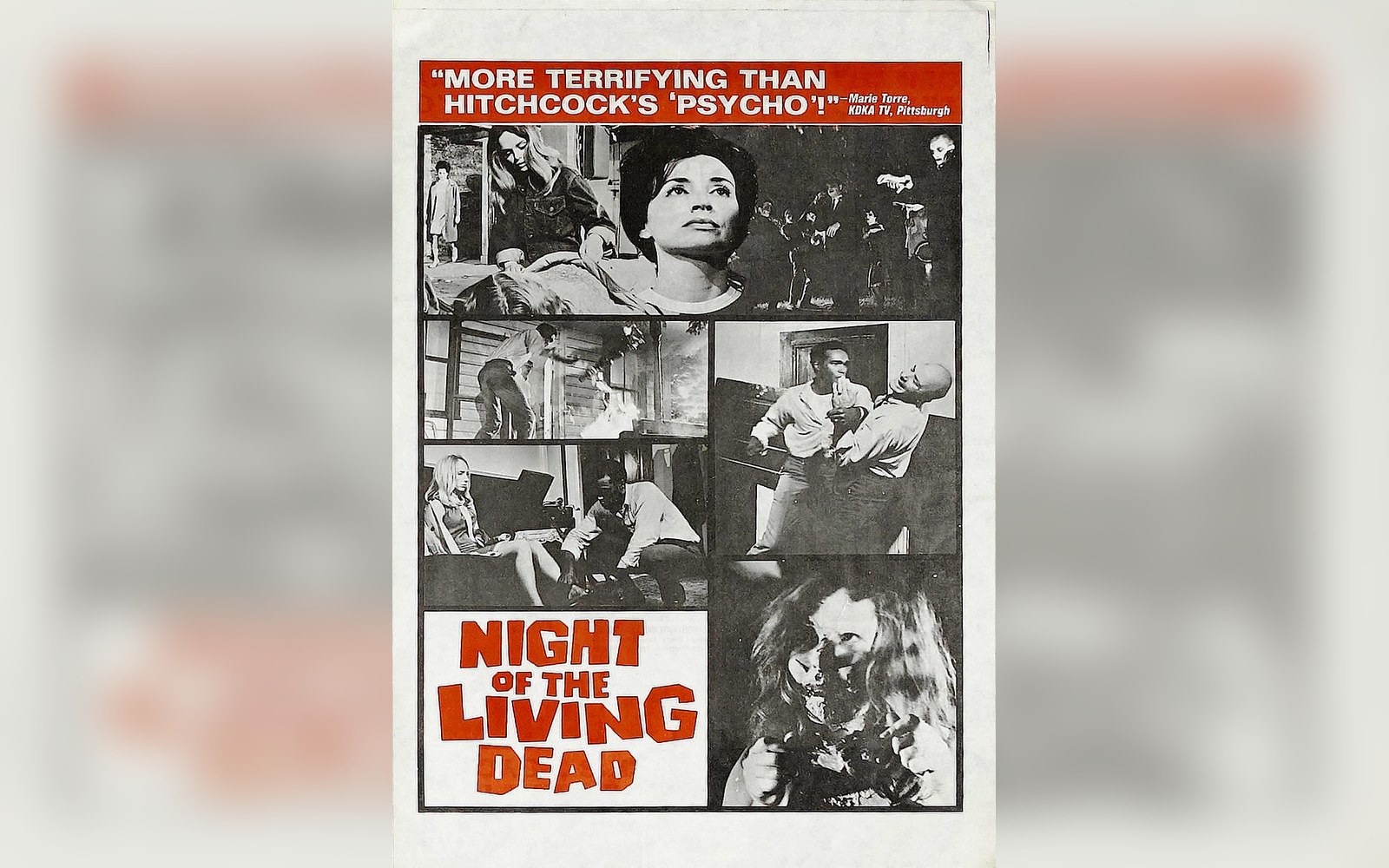 Vintage poster for "Night of the Living Dead" with black-and-white film stills and a critic's quote