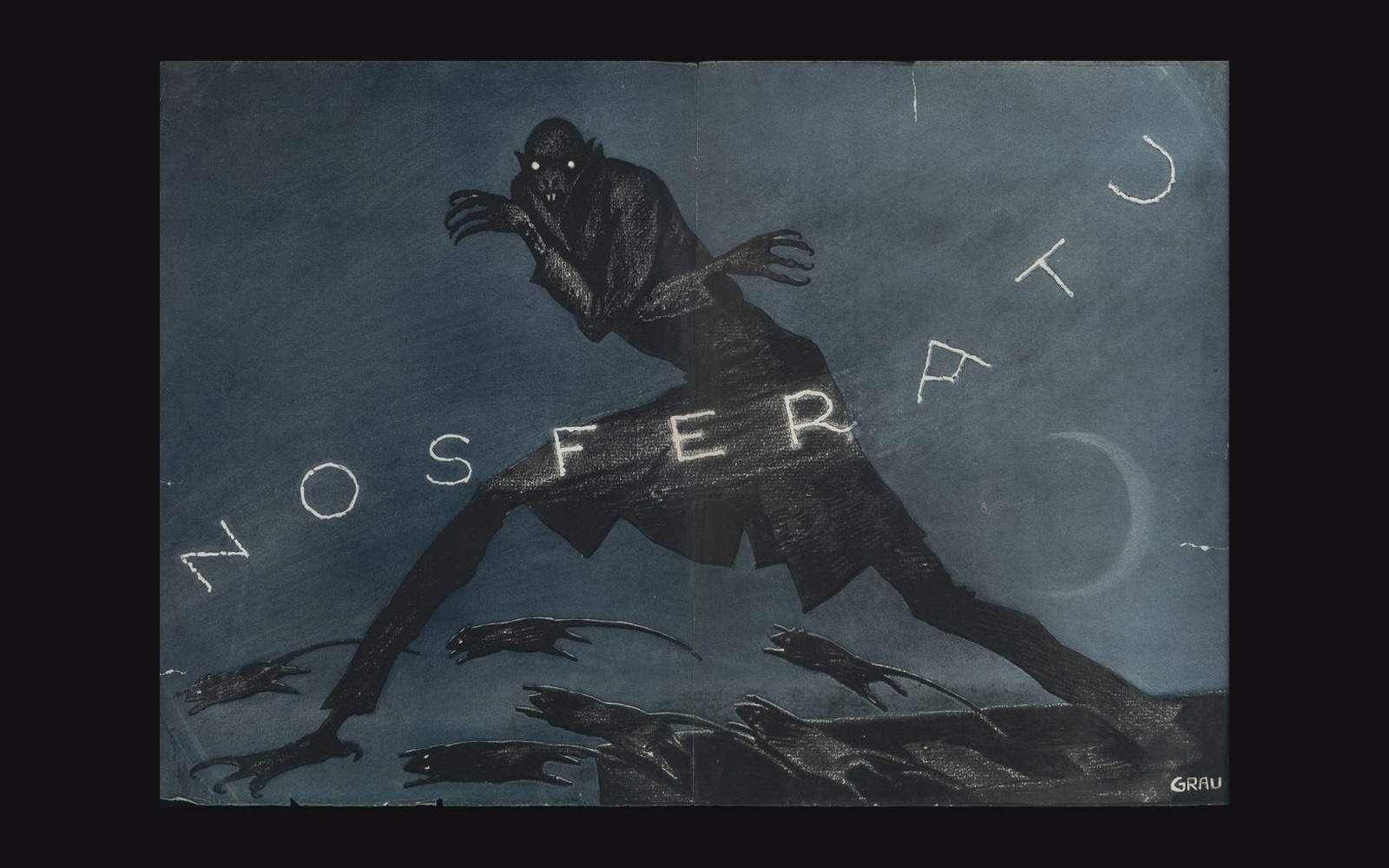 Illustrated poster of a towering shadowy figure straddling a rooftop above prowling rats, titled Nosferatu