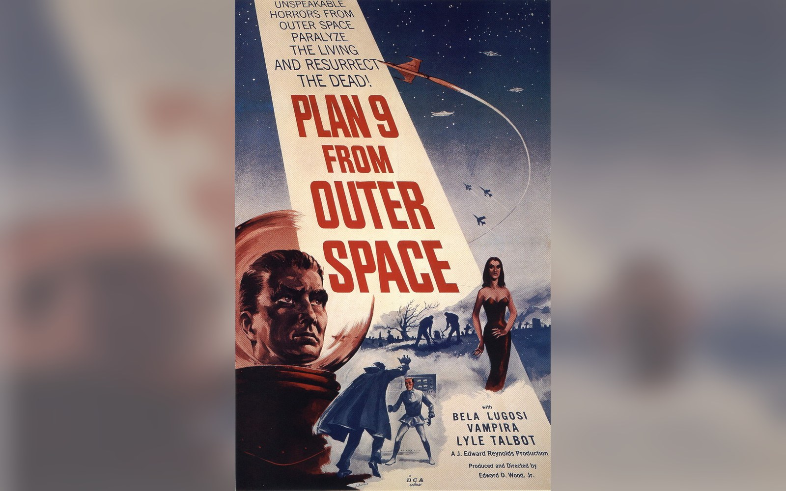 Vintage movie poster for Plan 9 from Outer Space with cast names and flying saucers