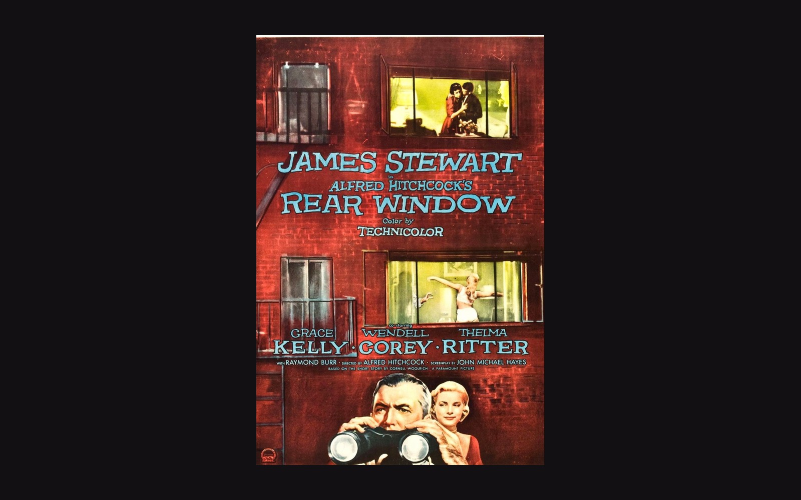 Vintage movie poster for Rear Window showing an apartment building with lit windows and cast names