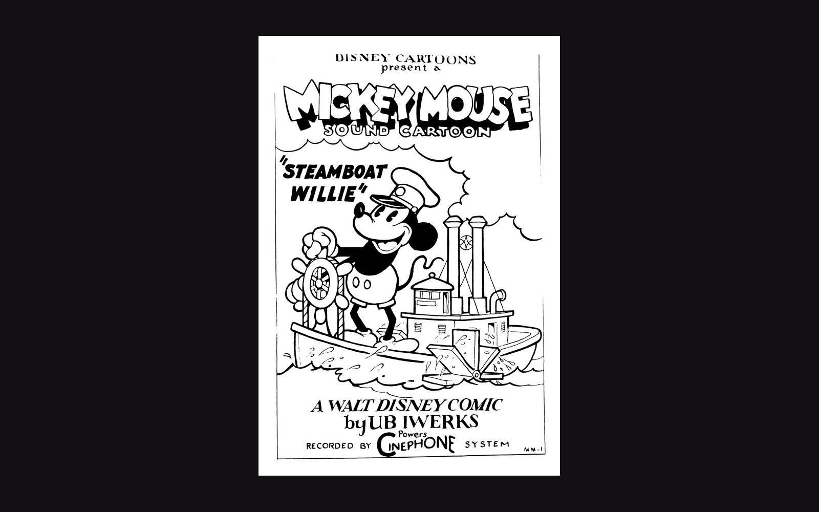 Black and white poster for the animated short "Steamboat Willie" featuring Mickey Mouse steering a boat