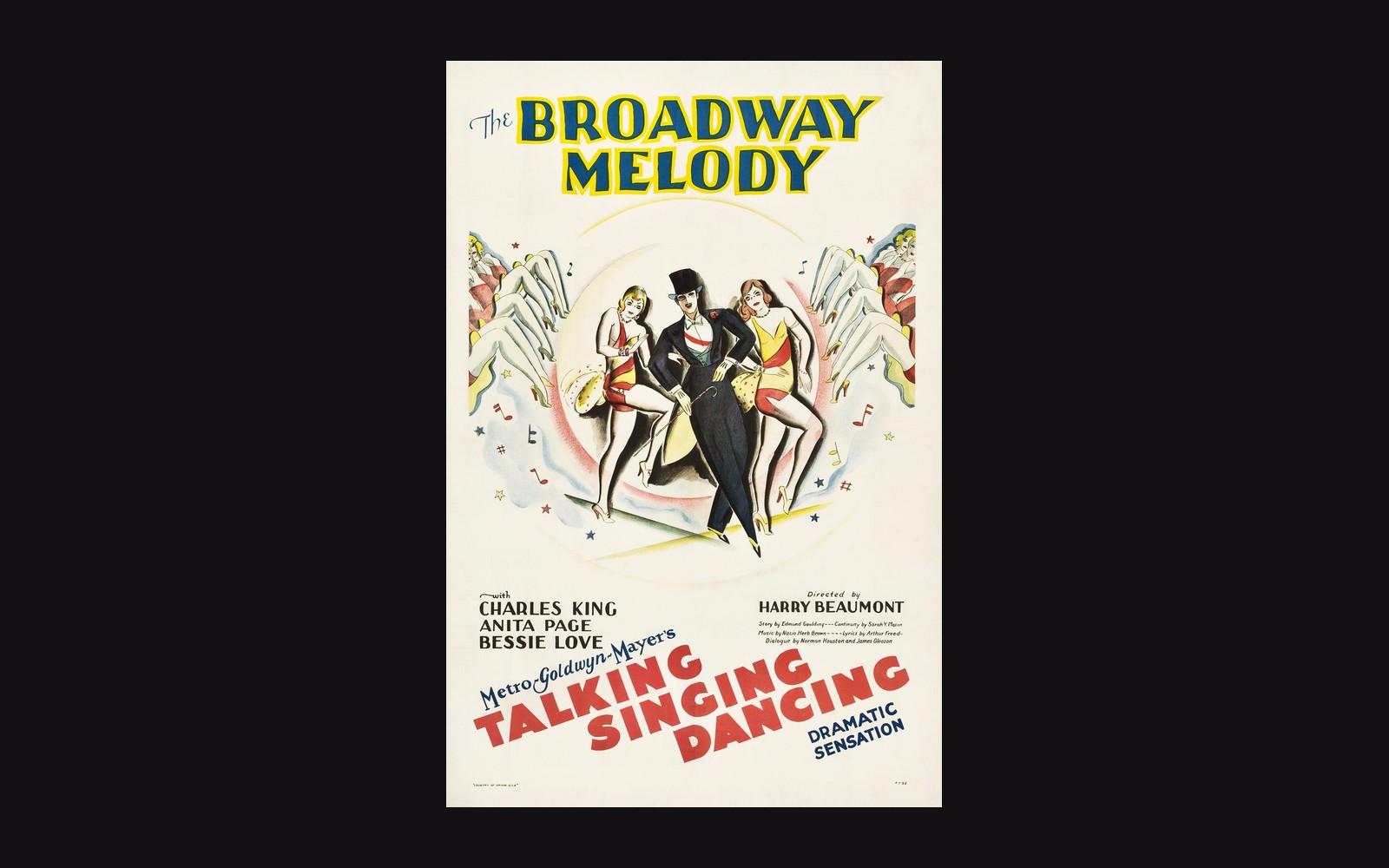 Vintage poster for The Broadway Melody showing a top-hatted man dancing between two chorus girls