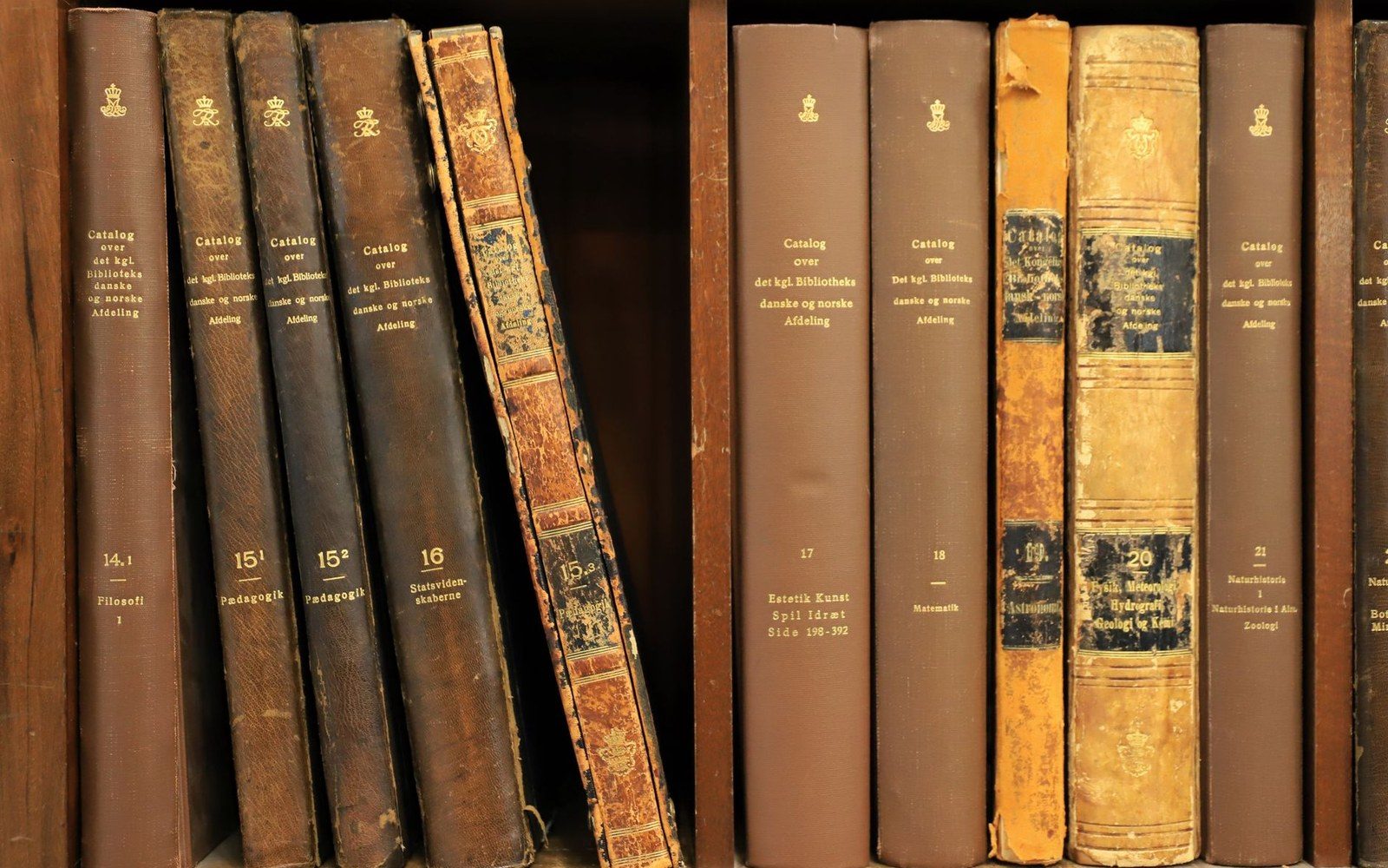 Rows of worn leather-bound catalog volumes with gold-lettered spines on a wooden shelf