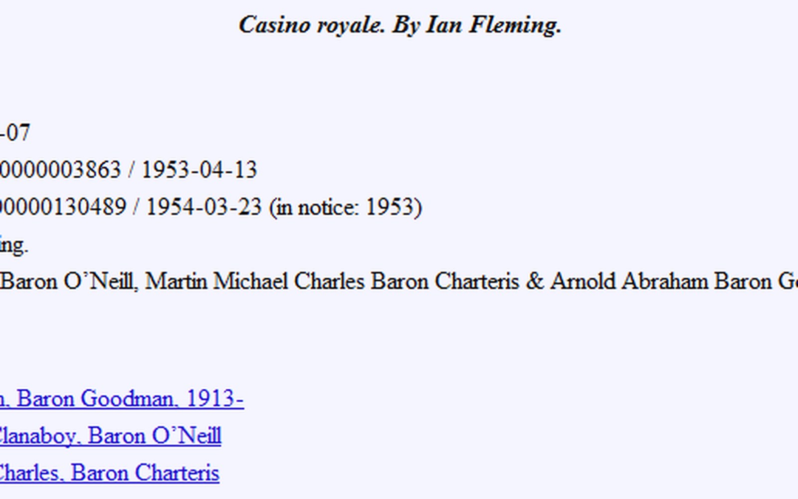 Copyright registration record listing renewal dates and rights holders for Casino Royale by Ian Fleming