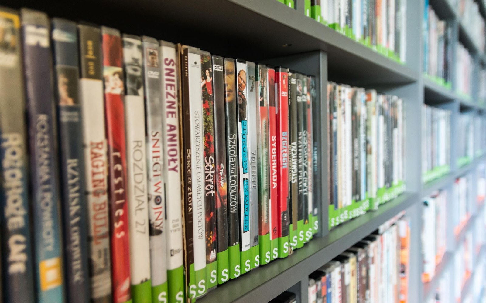 Rows of Polish-labeled DVD cases lined up on library shelves with green spine tags